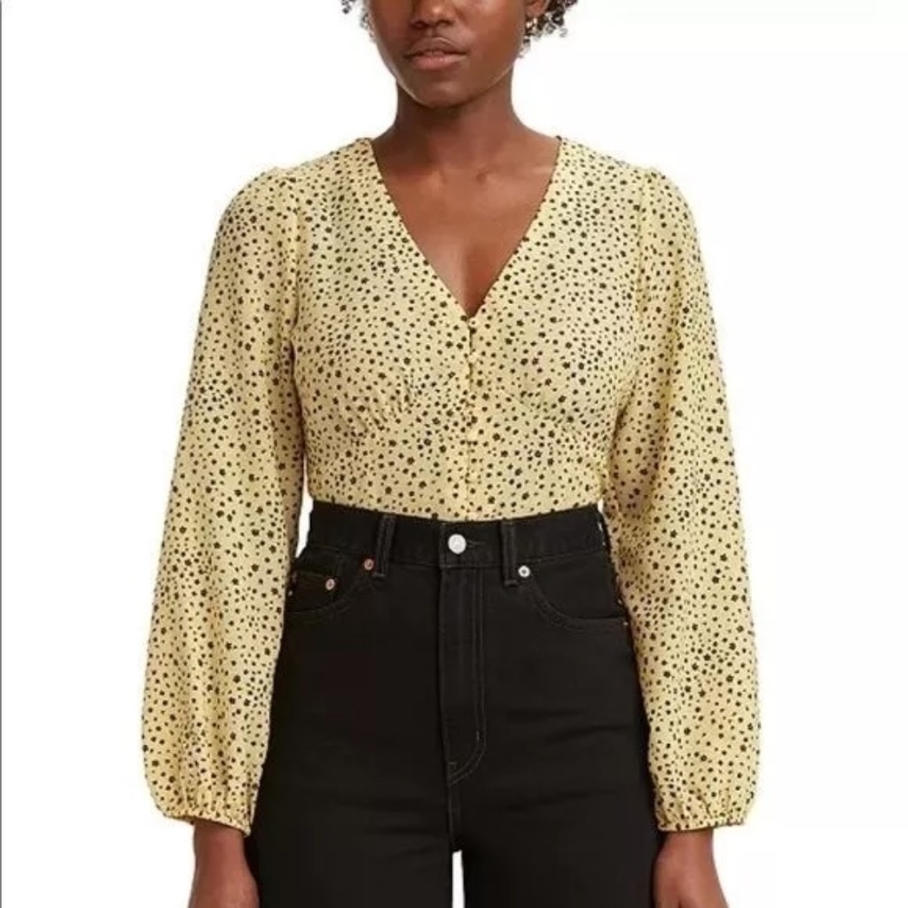 Levi’s Yellow & Black V Neck Low Dip Floral Button Down Blouse Top